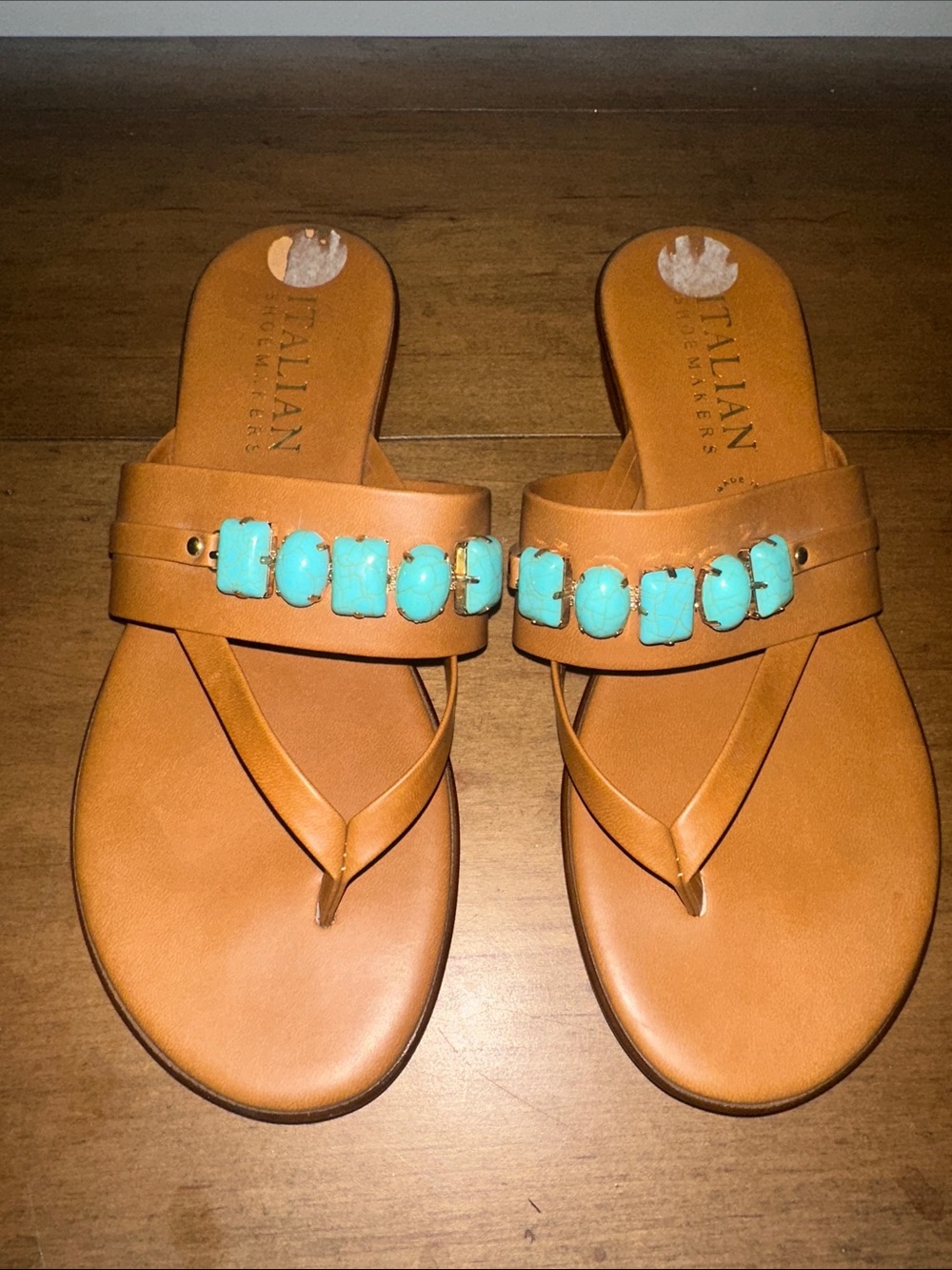 Shoemakers Tan Leather Thong Sandals Faux Turquoise Accent Size: 9.5